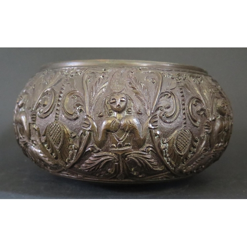 1140 - An Asian Bronze Bowl decorated with figures holding fronds, 20cm diam.