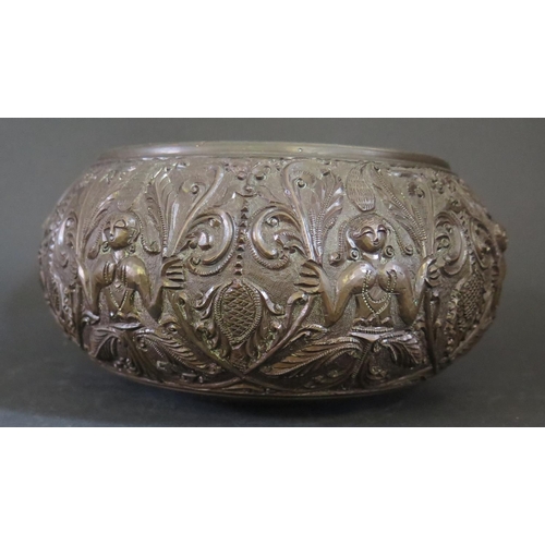 1140 - An Asian Bronze Bowl decorated with figures holding fronds, 20cm diam.