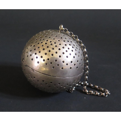 1068 - An Antique White Metal Infuser on chain, 5.5cm diam., 41g