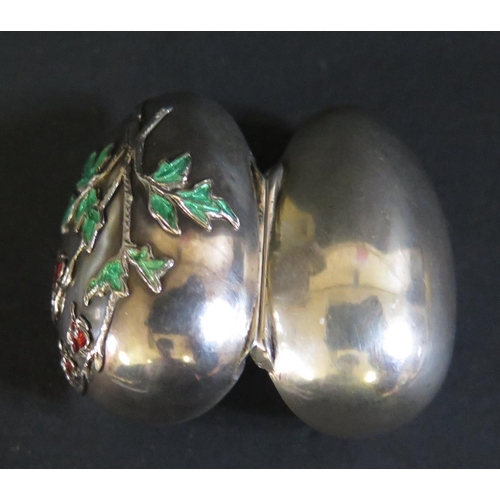 1076 - A .900 Continental Silver and Floral Enamel Hinged Egg with gilt interior, flower mark, 40mm tall, 1... 