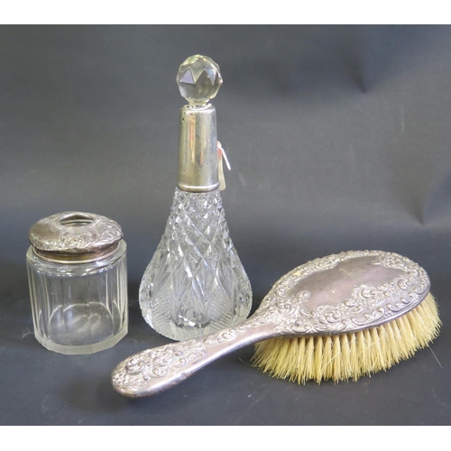 1084 - A Silver Top Slice Cut Glass Hair Pot, silver top scent bottle and silver backed hand brush