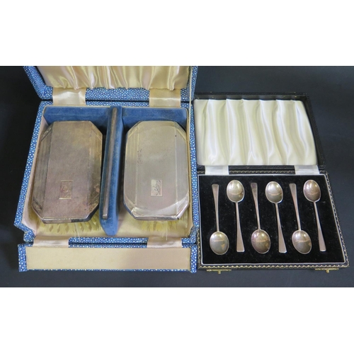 1085 - A Cased Set of Six Elizabeth II Birmingham Silver Coffee Spoons (41g) and cased silver back brushes ... 