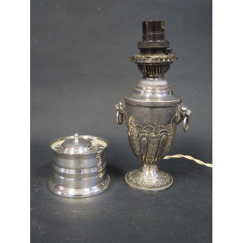 1107 - A Silver Plated Lamp (21.5cm) and inkwell