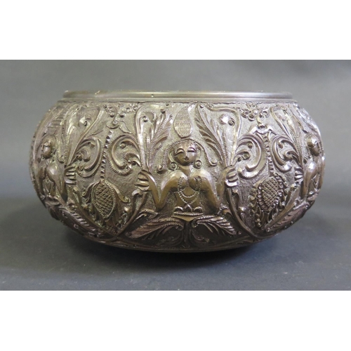 1140 - An Asian Bronze Bowl decorated with figures holding fronds, 20cm diam.