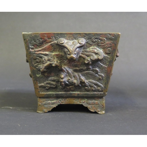 1157 - A Small Oriental Bronze Jardinière decorated with mythical beasts and with red patina, cast mark to ... 