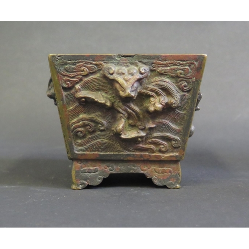 1157 - A Small Oriental Bronze Jardinière decorated with mythical beasts and with red patina, cast mark to ... 