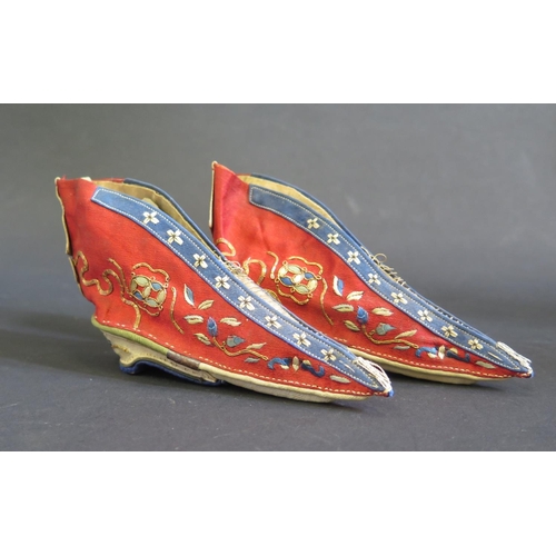 1166 - A Pair of 19th Century Chinese Embroidered Silk Lotus Feet Shoes, c. 11cm toe to heel