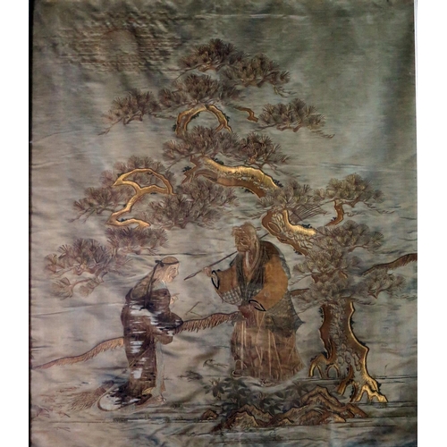 1168a - A 19th Century Chinese Gold Thread on Silk Embroidery decorated with two figures in a landscape, 77x... 