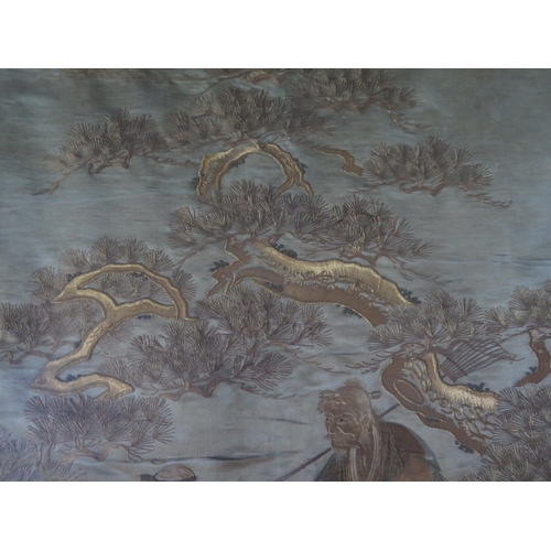 1168a - A 19th Century Chinese Gold Thread on Silk Embroidery decorated with two figures in a landscape, 77x... 