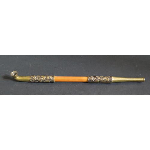 1187 - A Bamboo and Bronze Mounted Opium Pipe, 19cm