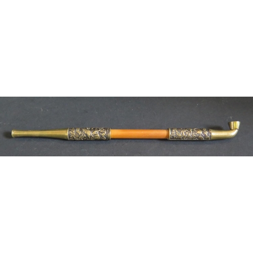 1187 - A Bamboo and Bronze Mounted Opium Pipe, 19cm