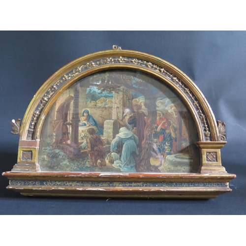 1195 - Ricardo Meacci (1856-1940), The Birth of Jesus, signed watercolour, original arched gilt gesso easel... 