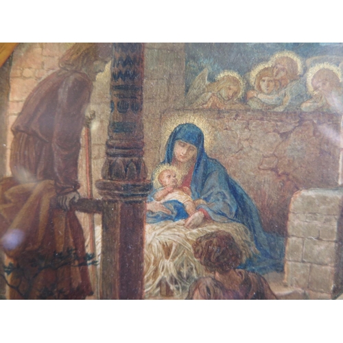 1195 - Ricardo Meacci (1856-1940), The Birth of Jesus, signed watercolour, original arched gilt gesso easel... 