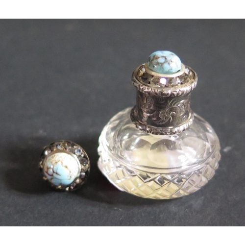 1203 - A Pretty Miniature Glass Scent Flask with white metal turquoise mounted cover, 29mm and one other co... 