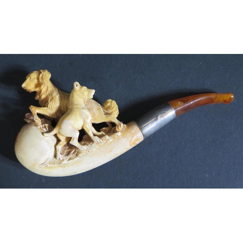 1214 - A Cased Meerschaum Pipe carved with two dogs, c. 11.5cm long