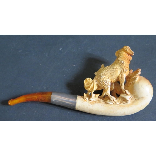 1214 - A Cased Meerschaum Pipe carved with two dogs, c. 11.5cm long