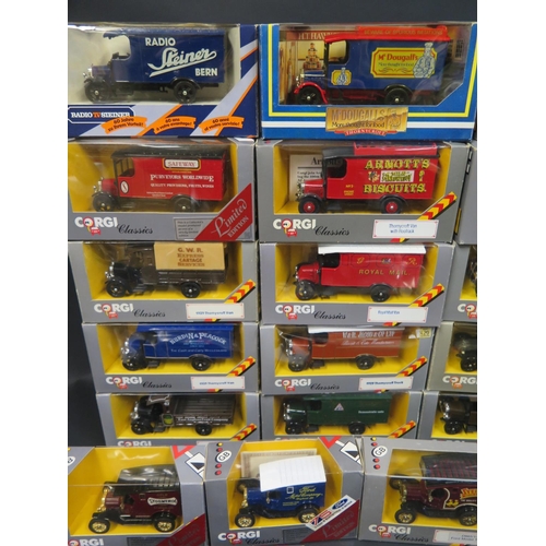 223 - Thirty Corgi Classics Thornycroft and Ford Model T Vans in Boxes