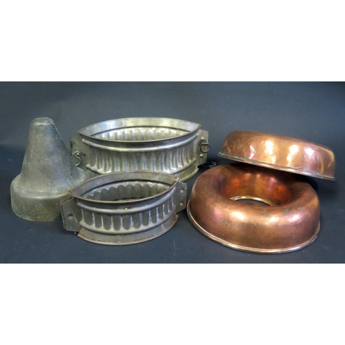 341 - A Selection of Copper and other moulds including two game pie moulds, circular moulds 21cm diam.