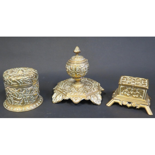 372 - A 19th Century Brass Inkwell and two vesta casket and one other