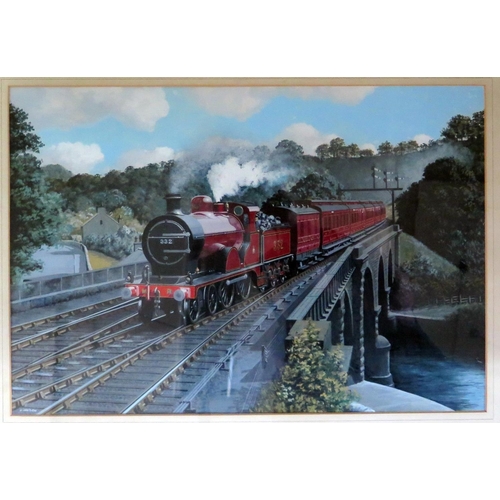 450 - Victor Welch (Act. 1949 - 1963), Steam Train travelling over the Viaduct, Signed, Gouache, 49 x 34cm... 