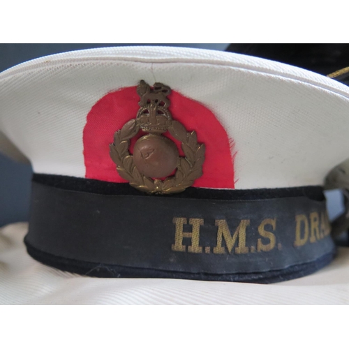 459 - A Royal Navy Cap with H.M.S. DRAKE Ribbon and two others