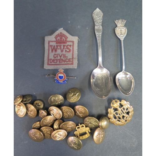 471 - Royal Navy and Fleet Air Arm Buttons, RAOC silver and enamel brooch, RAF cap badge, W.V.S. cloth bad... 