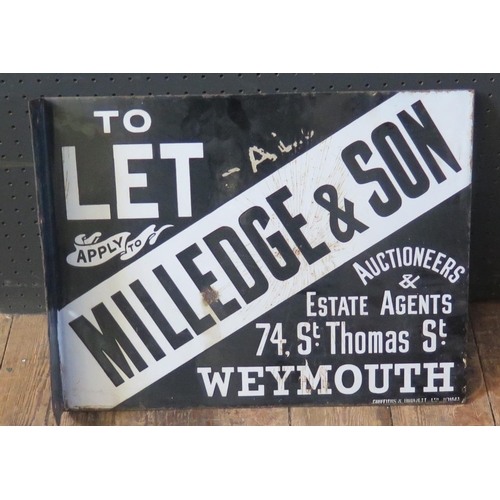 584 - A 'MILLEDGE & SON Auctioneers & Estate Agents ... Weymouth TO LET' Double Sided Enamel Sign, 46x35.5... 