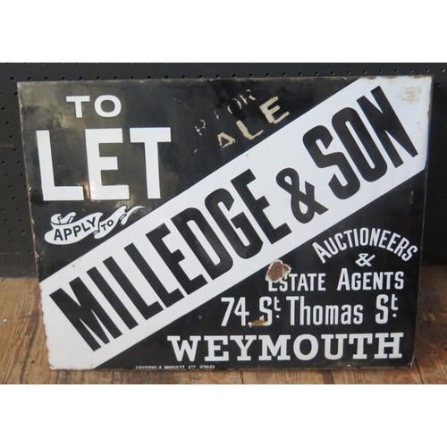 584 - A 'MILLEDGE & SON Auctioneers & Estate Agents ... Weymouth TO LET' Double Sided Enamel Sign, 46x35.5... 