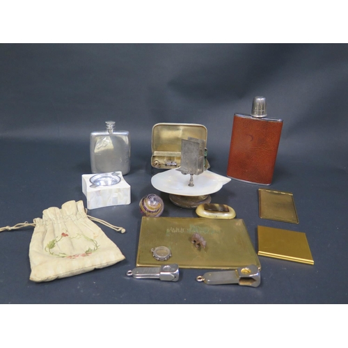 605 - A Mother of Pearl and Silver Plated Pipe Vesta Holder Ashtray, hip flask etc.