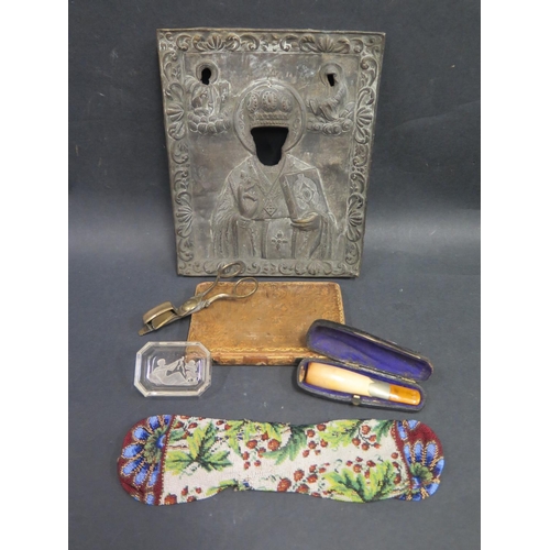 620 - A Selection of Oddments including an icon frame (21x17.5cm), beadwork purse, cased Meerschaum cheroo... 