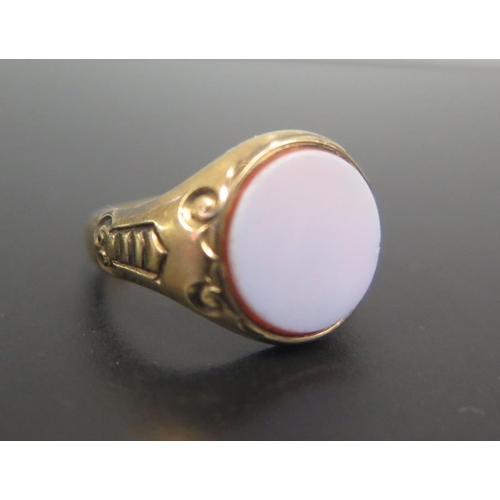 820 - A Victorian Agate Mounted Signet Ring, marked E.G. to E.W. 1866, unmarked setting, size  Q, 4.7g