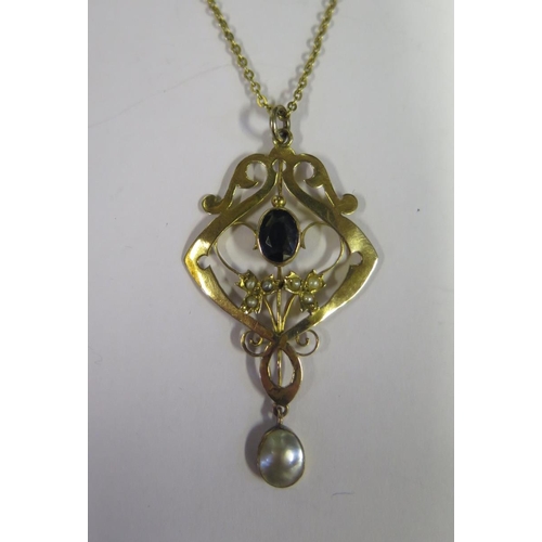 873 - S. BROS 9ct Gold, Sapphire and Blister Pearl Pendant on chain, c. 49mm drop, 3.9g, Sydenham Brothers... 