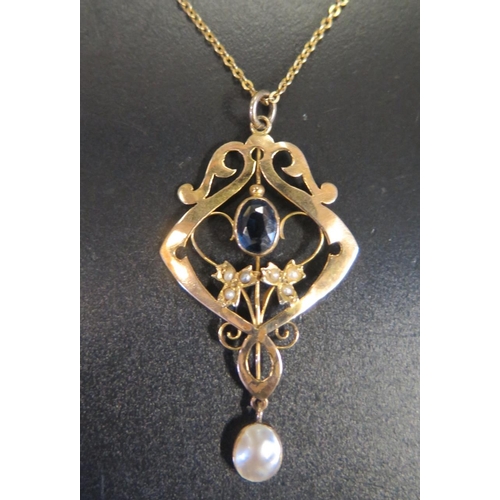 873 - S. BROS 9ct Gold, Sapphire and Blister Pearl Pendant on chain, c. 49mm drop, 3.9g, Sydenham Brothers... 