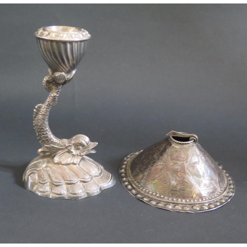 993 - A Cast Dolphin Candlestick (12cm) and piece of Russian silver