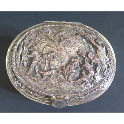 998 - A French Silvered Copper Hinged Oval Casket decorated in relief with drinking and hunting scenes, 14... 