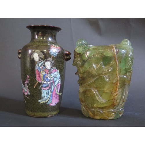 1141 - A Chinese Semi Opaque Carved Vase 14cm high and ceramic vase with enamel decoration (rim broken)