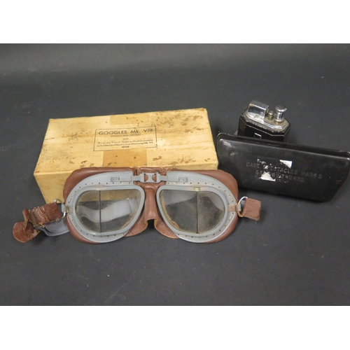 507A - A Pair of R.A.F. Mk. VIII Goggles in original stores box, military Mark 5 case spectacles and Ronson... 