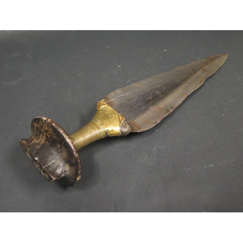 513 - An Antique West African Dagger with sheet brass and studded mounts, blade 33cm, probably Benin