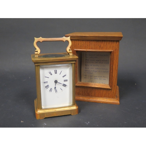 530a - A French Brass Carriage Clock by  Duverdrey & Bloquel, c. 1910, 14.5cm to top pf handle, with key an... 