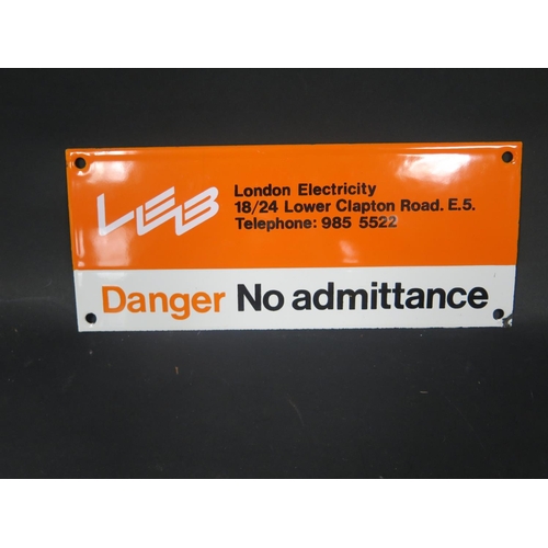 587 - 'LEB London Electricity...Danger No admittance' Enamel Sign, 30.5x13cm