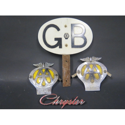 599 - Two AA Car Badges, AA GB car badge and Chrysler badge