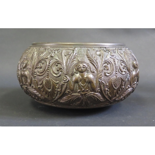 1025 - An Asian Bronze Bowl decorated with figures holding fronds, 20cm diam.