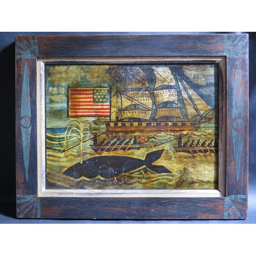 750a - A Naive Whaling Scene with 14 star US flag, oil on panel, 35x26.5cm, framed