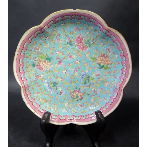 1016I - A 19th Century Cantonese Lobed Dish (29cm diam.) decoration worn, one footed bowl (A/F) and two dish... 