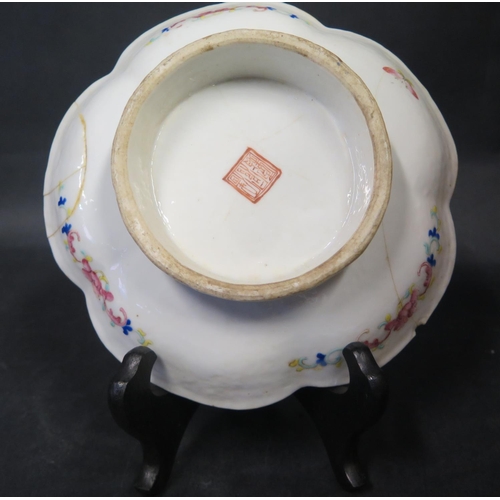 1016I - A 19th Century Cantonese Lobed Dish (29cm diam.) decoration worn, one footed bowl (A/F) and two dish... 