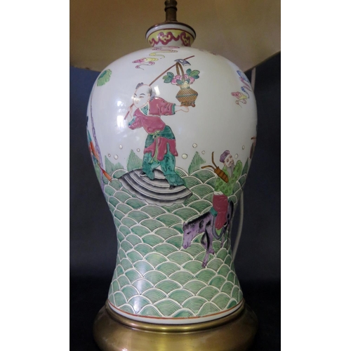 1017D - A Chinese Republican Period Porcelain Baluster Vase Lamp painted with mythological figures in a seas... 