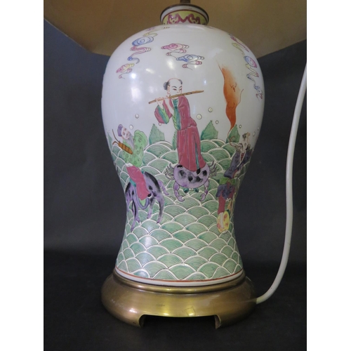 1017D - A Chinese Republican Period Porcelain Baluster Vase Lamp painted with mythological figures in a seas... 