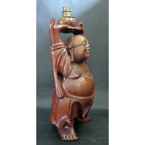 1017y - A Chinese Carved Hardwood Lamp in the form of a rotund laughing Budda, 43cm