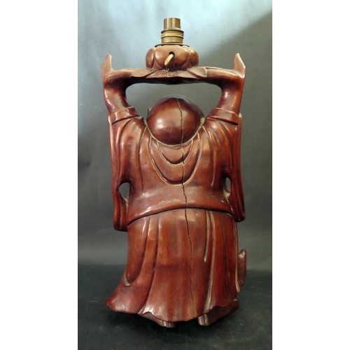 1017y - A Chinese Carved Hardwood Lamp in the form of a rotund laughing Budda, 43cm