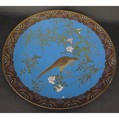 1043 - A 19th Century Japanese Cloisonné Charger decorated with bird and bamboo, 33.5cm diam.